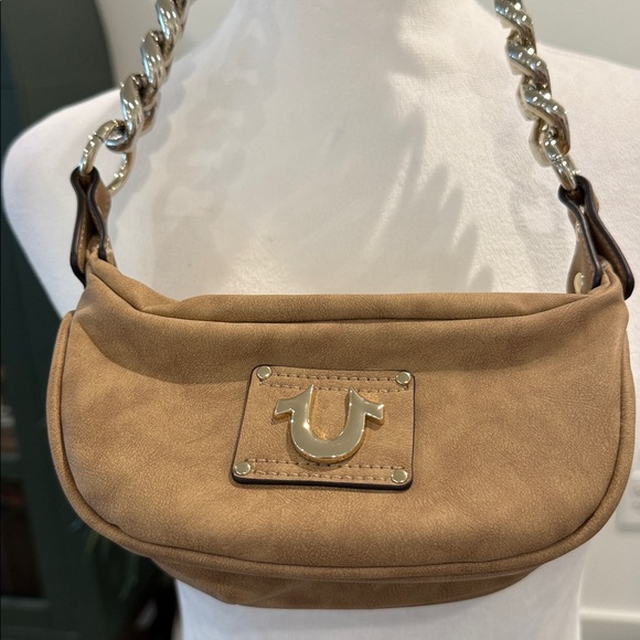 True Religion Shoulder Mini Purse Faux Faux Leather Suede Feel Camel Gold Tones - Picture 2 of 16